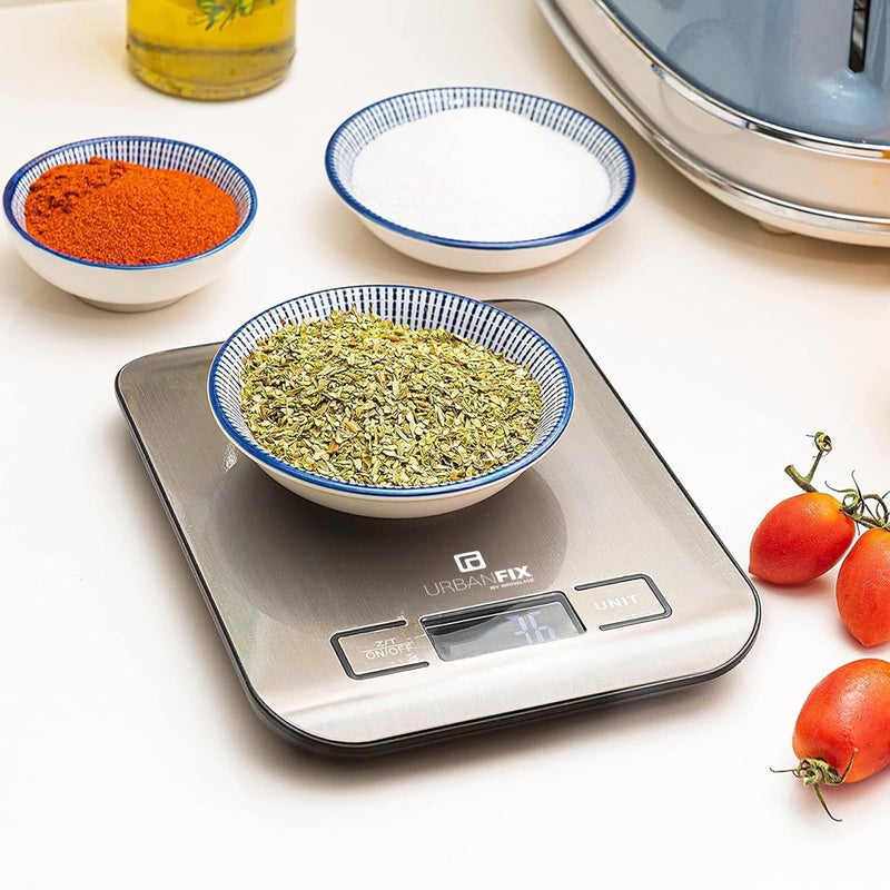 URBANFIX Stainless Steel Digital Kitchen Weighing Scale Food Weight Machine for Diet Nutrition Health Fitness Baking Cooking 5Kgs Stainless Steel 2 Years Warranty - Image 2