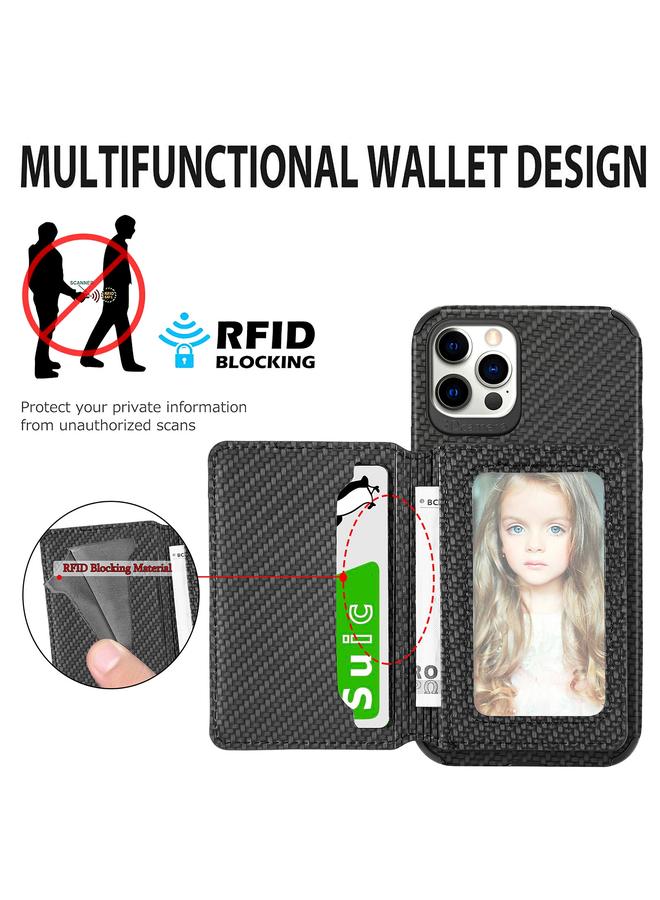 S-TOP Case For iPhone 12 / 12 Pro Carbon Fiber Magnetic Card Bag TPU+PU Shockproof Back Cover Case with Holder & Card Slot & Photo Frame - Image 4
