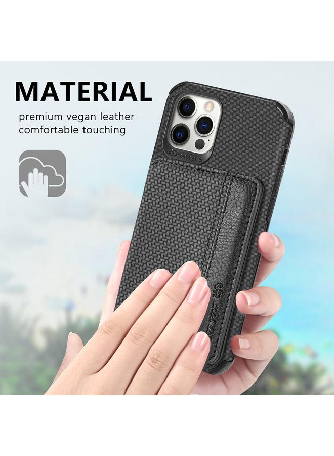 S-TOP Case For iPhone 12 / 12 Pro Carbon Fiber Magnetic Card Bag TPU+PU Shockproof Back Cover Case with Holder & Card Slot & Photo Frame - Image 5