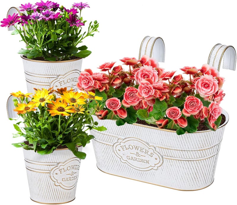 PerGar Vintage Metal Iron Wall Hanging Flower Pots, Rustic Planter Bucket Herb Flower Plant Holder with Detachable Hooks & Drainage Hole for Railing Fence Balcony Deck Garden Home Decoration, Set of 3 - Image 1