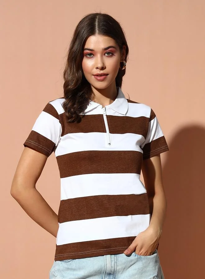 Take Two Women Brown Striped Polo T-Shirt By The Dry State