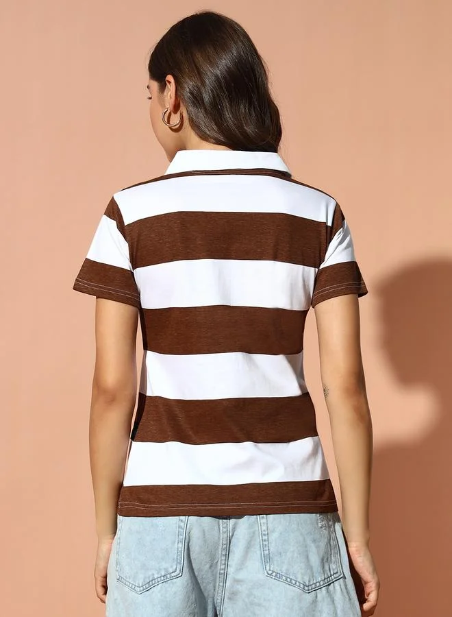 Take Two Women Brown Striped Polo T-Shirt
