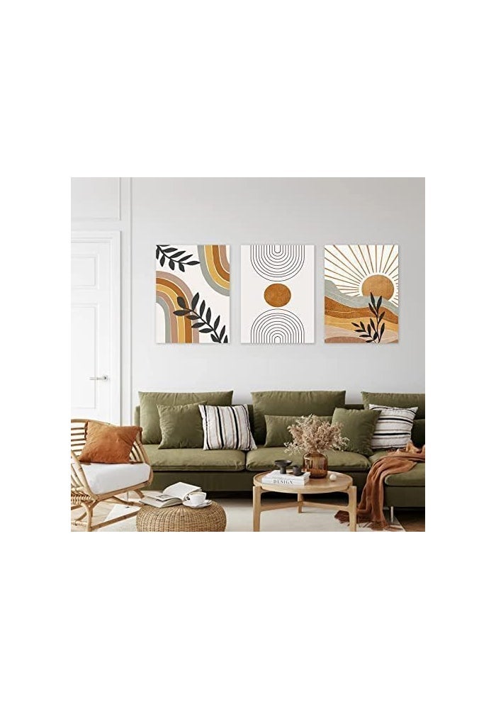 ASTRDECOR Boho Wall Art Set of 3, Boho Room Decor, Mid-Century Modern Wall Art Prints, Framed Neutral Abstract Geometric Prints Orange Rainbow Sun Desert Minimalist Art Canvas Artwork 12" X 16" Ready To Hang - Image 3
