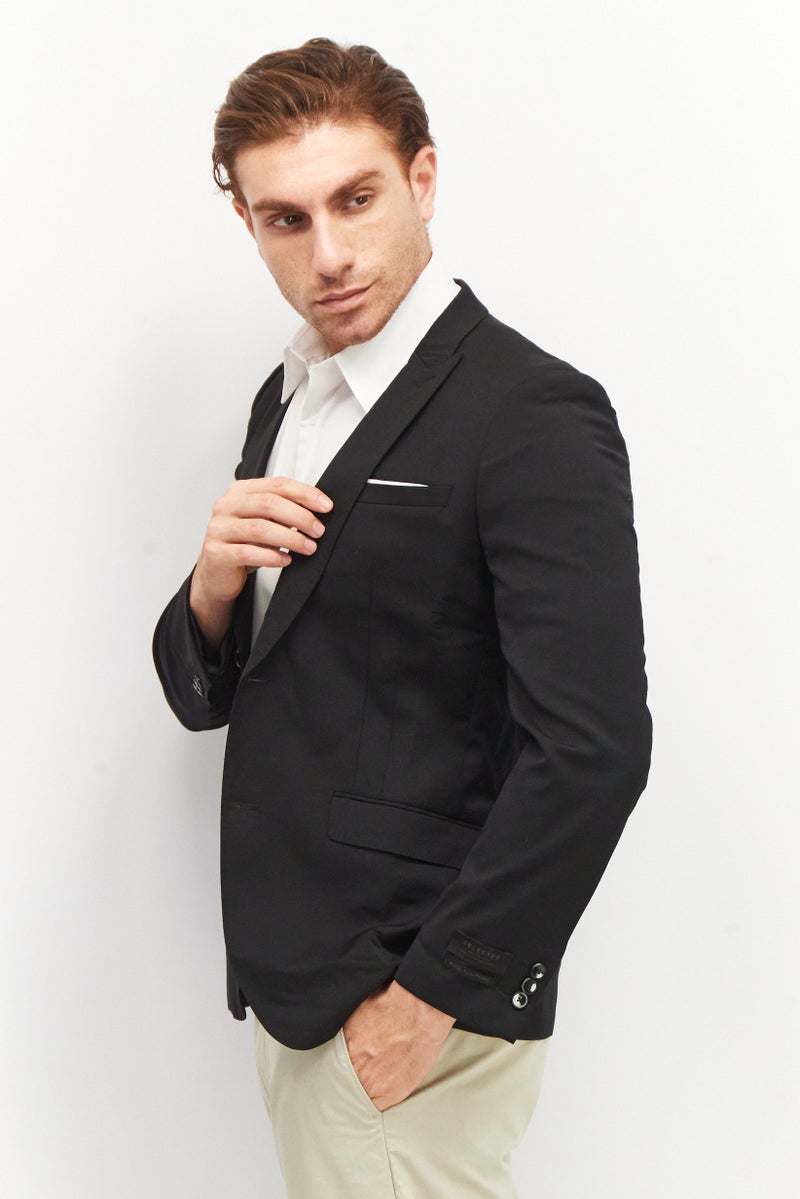 SELECTED Men Regular Fitted Notched Collar Long Sleeve Blazer, Black - Image 3