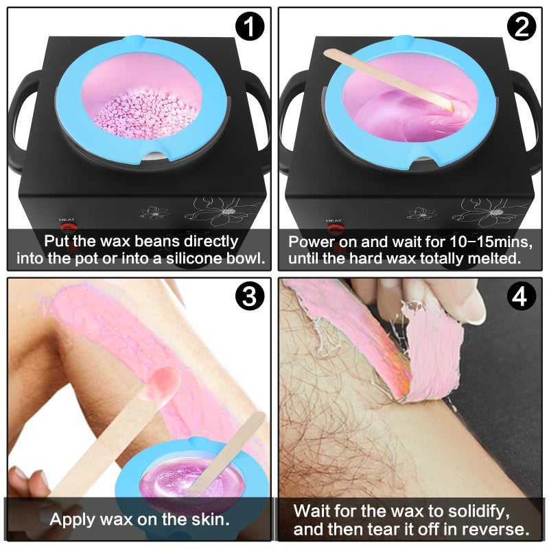 folconroad Portable Wax Warmer Machine for Painless Hair Removal, Women Men Professional Wax Heater with Adjustable Temperature Set, 40pcs Sticks, 2 Silicone Bowls (Black - Double Pots) - Image 5