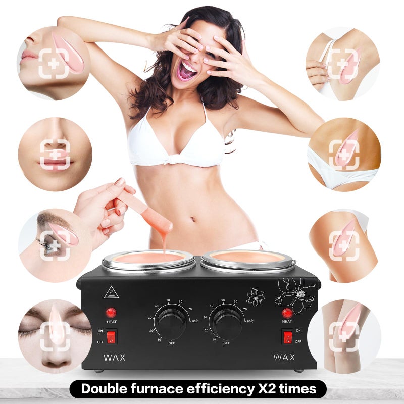 folconroad Portable Wax Warmer Machine for Painless Hair Removal, Women Men Professional Wax Heater with Adjustable Temperature Set, 40pcs Sticks, 2 Silicone Bowls (Black - Double Pots) - Image 4