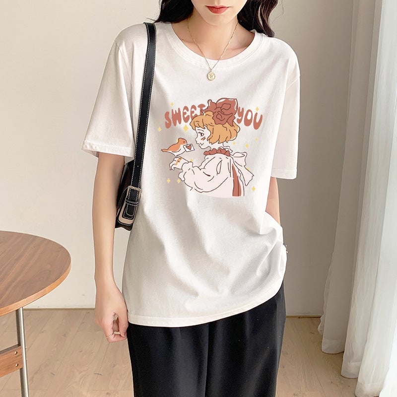 Short-Sleeved T-Shirt Women'S Cotton Loose Korean-Style Ins Women'S All-Match Cartoon Printed Inner Half-Sleeve Top - Image 1
