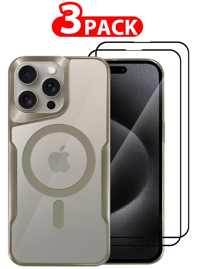 CATANES 3 Pack for iPhone 15 Pro Max Case and 2 Screen Protectors Magnetic Phone Case Slim Shockproof Cover New Design Electroplated Case Cover Titanium - Image 1