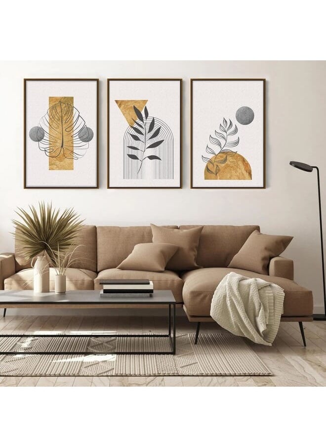 Set Of 3 Of Gold Botanical With Earth Boho Line Art Drawing And Abstract Shape Framed Wall Art