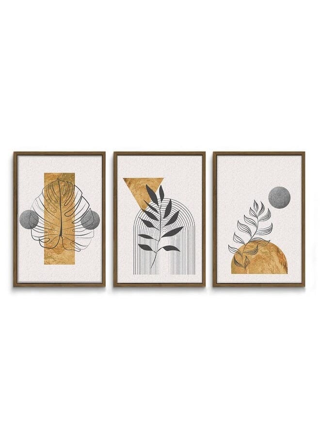 Set Of 3 Of Gold Botanical With Earth Boho Line Art Drawing And Abstract Shape Framed Wall Art