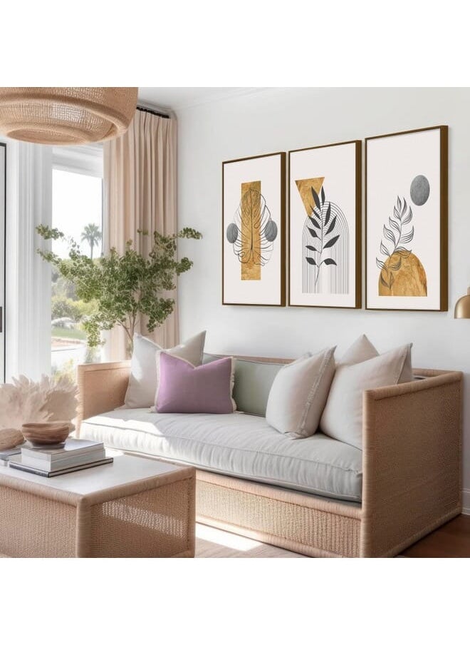 Set Of 3 Of Gold Botanical With Earth Boho Line Art Drawing And Abstract Shape Framed Wall Art