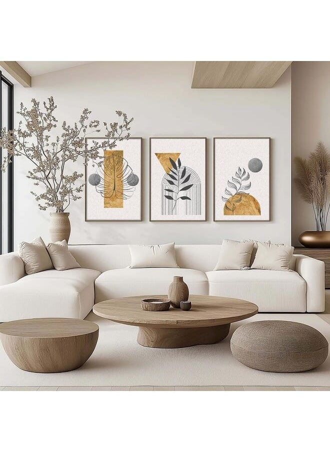 Set Of 3 Of Gold Botanical With Earth Boho Line Art Drawing And Abstract Shape Framed Wall Art