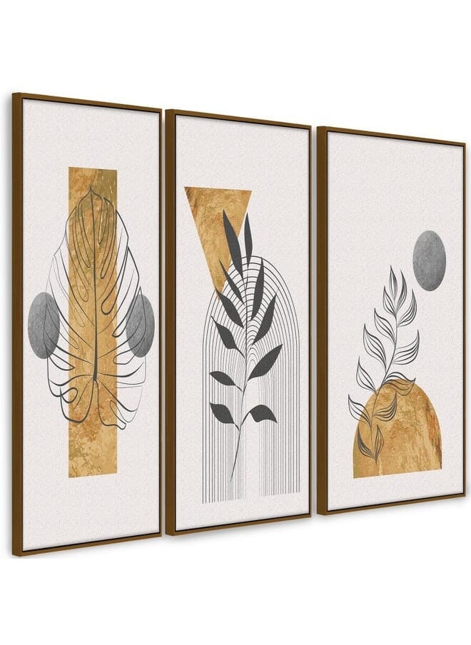 Set Of 3 Of Gold Botanical With Earth Boho Line Art Drawing And Abstract Shape Framed Wall Art