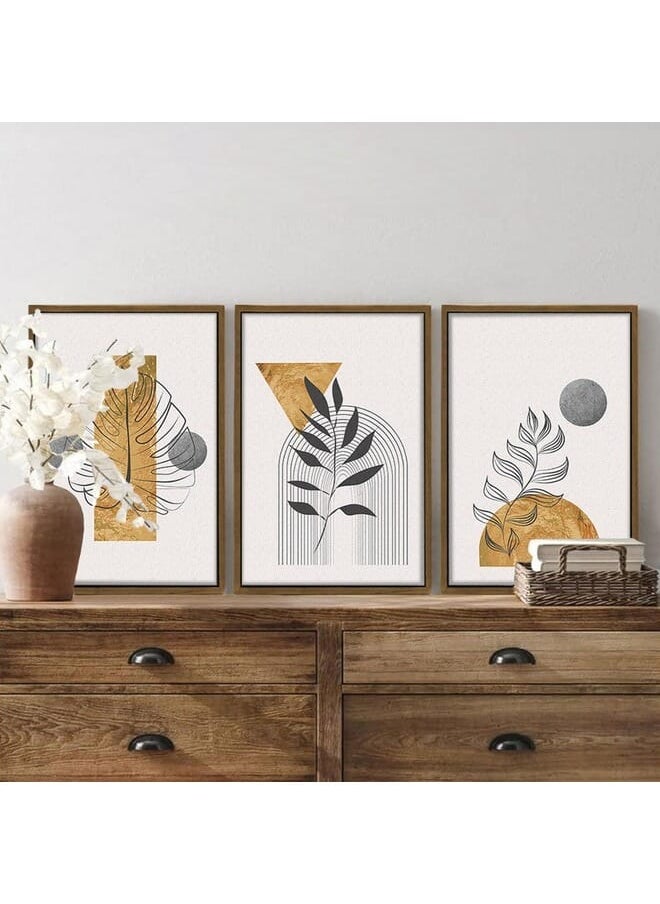 Set Of 3 Of Gold Botanical With Earth Boho Line Art Drawing And Abstract Shape Framed Wall Art