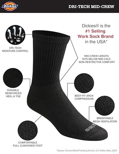 Dickies Men's Dri-Tech Mid-Crew Comfort Length Moisture Control Socks, Available in M-XL (6, 12 Pairs), Comfort Length Black Solid (6 Pairs), Large - Image 2