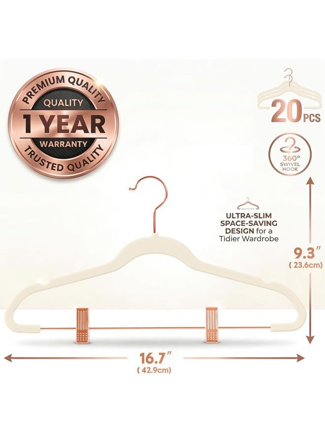 MIZGI Premium Velvet Pants Hangers with Clips Slim Skirt Hangers- Non Slip Felt Outfit Dress Hangers,Space Saving Shirt Clothes Hangers,Copper/Rose Gold Hooks,Ivory,(Pack of 20) ,MZPT, One Size - Image 2
