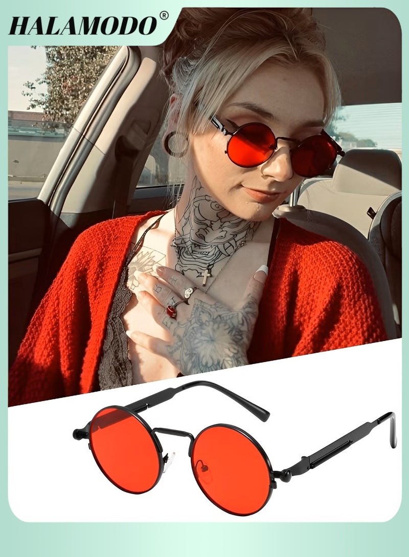 هالامودو نظارات شمسية صغيرة مستديرة بتصميم ريترو، نظارات شمسية دائرية عصرية بإطار معدني، حماية من الأشعة فوق البنفسجية 400، ظلال مستوحاة من دائرة البانك للرجال والنساء - Image 1
