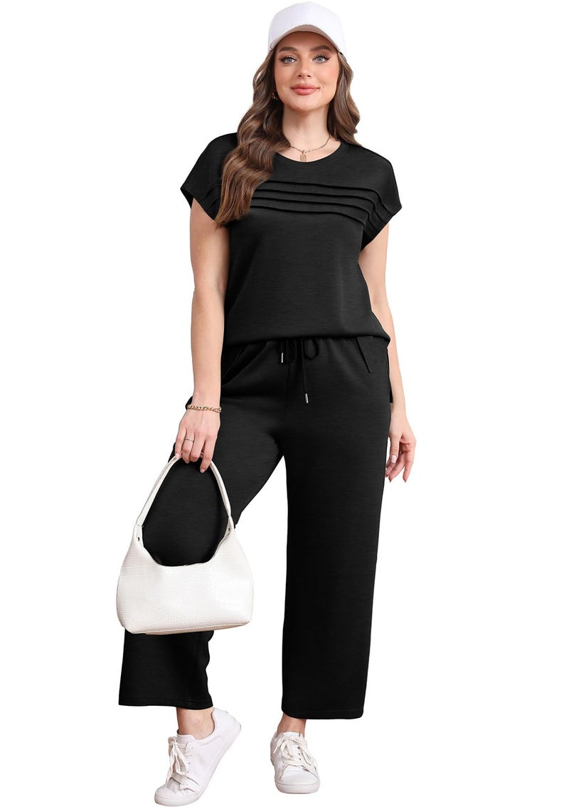 WIHOLL Two Piece Sets for Women Summer Vacation 2026 Matching Sets Women's Fashion Clothing Resort Wear Holiday Airport Cruise Travel Outfits for Airplane Lounge Sets Oversized Tracksuit Loose Black L - Image 3