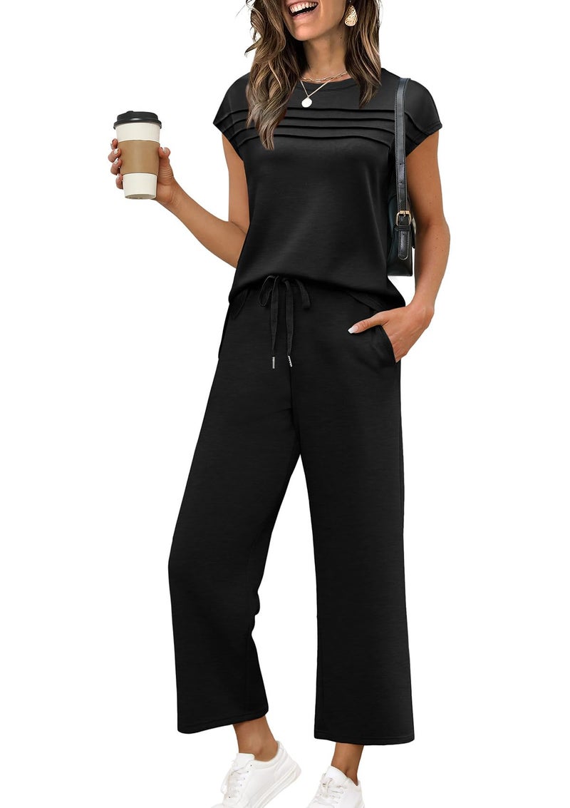 WIHOLL Two Piece Sets for Women Summer Vacation 2026 Matching Sets Women's Fashion Clothing Resort Wear Holiday Airport Cruise Travel Outfits for Airplane Lounge Sets Oversized Tracksuit Loose Black L - Image 1