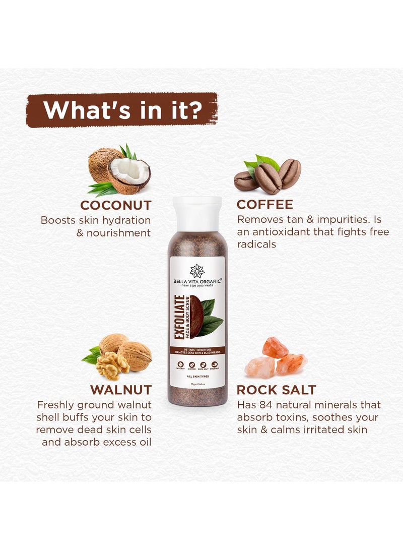 Bella Vita Organic Exfoliate Coffee Scrub for Face and Body Blackhead Remover De Tan Removal Ayurveda Dirt Removal from Neck Knees Elbows Arms 75 g (Pack of 1) - Image 3