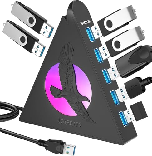 JoyReken 7 Port USB Hub, USB 3.0 Data Hub with 2 ft Long Cable,RGB Night Light,Multi Port Gaming Hub for PC, Laptop, Flash Drive, Keyboard, Mouse, Console, Xbox, PS4/PS5, iMac, Flash Drive, HDD - Image 1