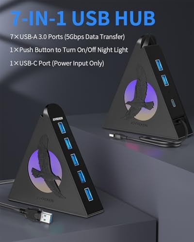 JoyReken 7 Port USB Hub, USB 3.0 Data Hub with 2 ft Long Cable,RGB Night Light,Multi Port Gaming Hub for PC, Laptop, Flash Drive, Keyboard, Mouse, Console, Xbox, PS4/PS5, iMac, Flash Drive, HDD - Image 2