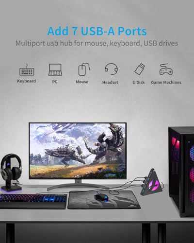 JoyReken 7 Port USB Hub, USB 3.0 Data Hub with 2 ft Long Cable,RGB Night Light,Multi Port Gaming Hub for PC, Laptop, Flash Drive, Keyboard, Mouse, Console, Xbox, PS4/PS5, iMac, Flash Drive, HDD - Image 3