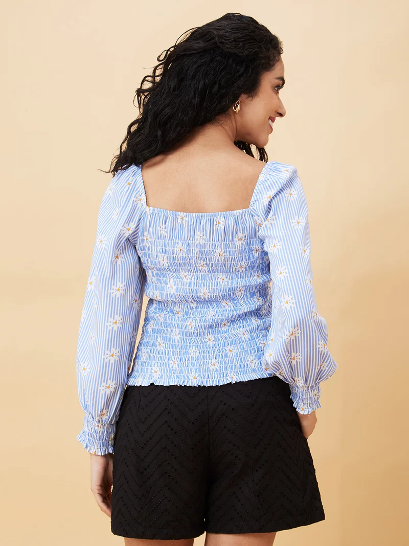 globus Women Blue Floral Printed Smocked Puff Sleeve Top