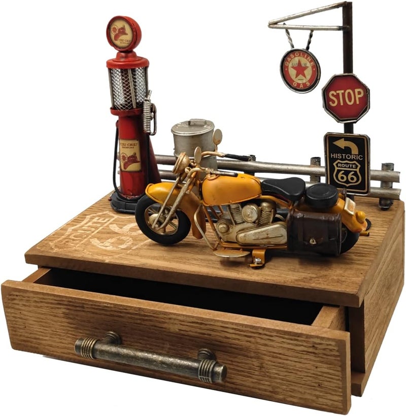 VANLAXY Route 66 Desk Table Decor Gas Station Model Miniature Storage Box Decoration Vintage Gas Pump Motorcycle Model Organizer Drawers Jewelry Box Ring Trinket Case Cabinet Retro Home Decor - Image 1