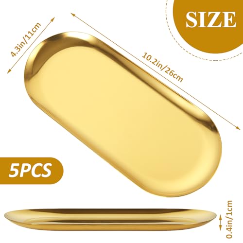 AKOLAFE 5PCS Stainless Steel Serving Tray Set Gold Platters for Serving Food Party Medium Metal Trays Decorative 10" Long Plate Oval Storage Trays Thickened Serving Dishes for Entertaining Sushi Snack - Image 2