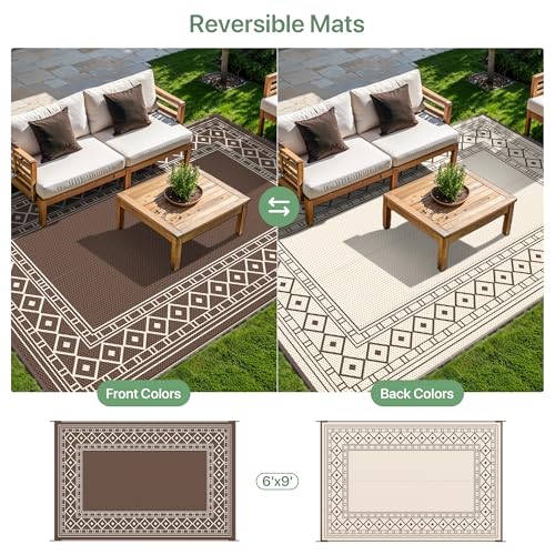 GENIMO Outdoor Rug Waterproof for Patio Decor, 6'x9' Foldable Reversible Plastic Straw Carpet for Travel Trailers, Outside Area Mat for Rv, Deck, Picnic, Porch, Camper, Balcony, Beach, Coffee & Beige - Image 4