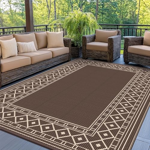 GENIMO Outdoor Rug Waterproof for Patio Decor, 6'x9' Foldable Reversible Plastic Straw Carpet for Travel Trailers, Outside Area Mat for Rv, Deck, Picnic, Porch, Camper, Balcony, Beach, Coffee & Beige - Image 1