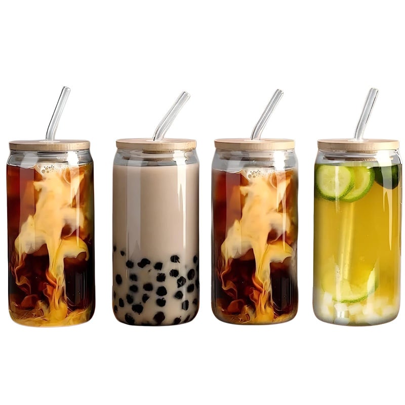 Clear Glass Tumbler with Wooden Lid and Glass Straw – Juice Jar & Hot Drinks – Suitable for All Cold & Hot Beverages Stylish Design for Everyday Use (4) - Image 1