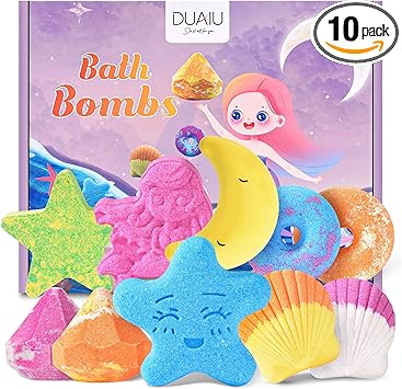 DUAIU مجموعة قنابل الاستحمام DUAIU 10 قطع قنابل استحمام للأطفال قنابل استحمام طبيعية مصنوعة يدويًا قنابل استحمام عضوية مع زيت أساسي هدايا عيد الميلاد وهدايا عيد الميلاد للنساء والفتيات - Image 1