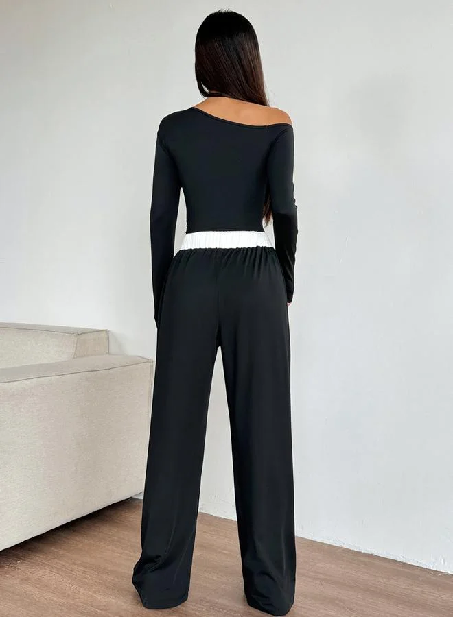 Styli Active  Black Solid Asymmetric Neck Top And Straight Leg Pants Active Set for Women | Best Price UAE
