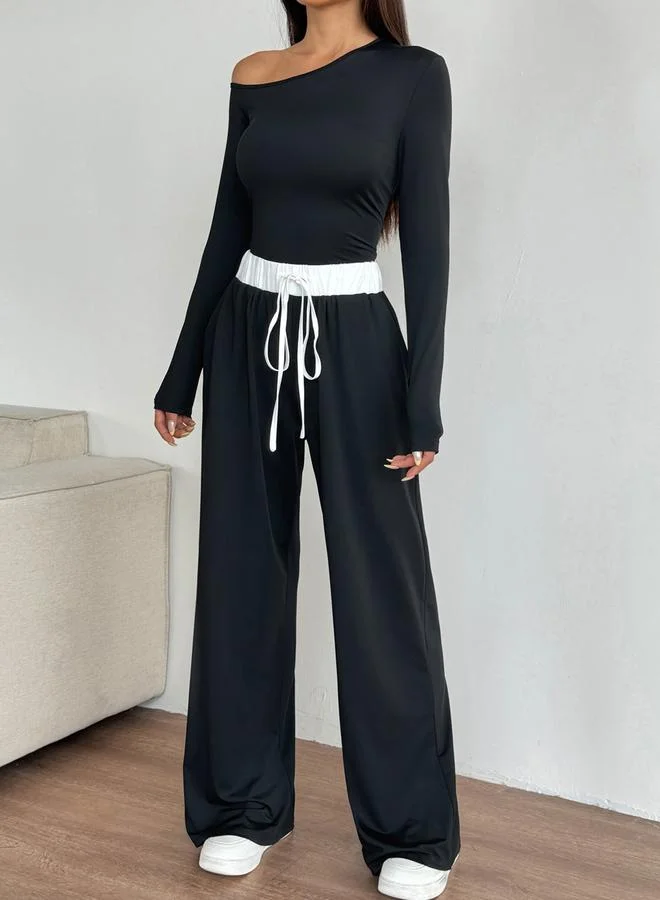 Black Solid Asymmetric Neck Top And Straight Leg Pants Active Set