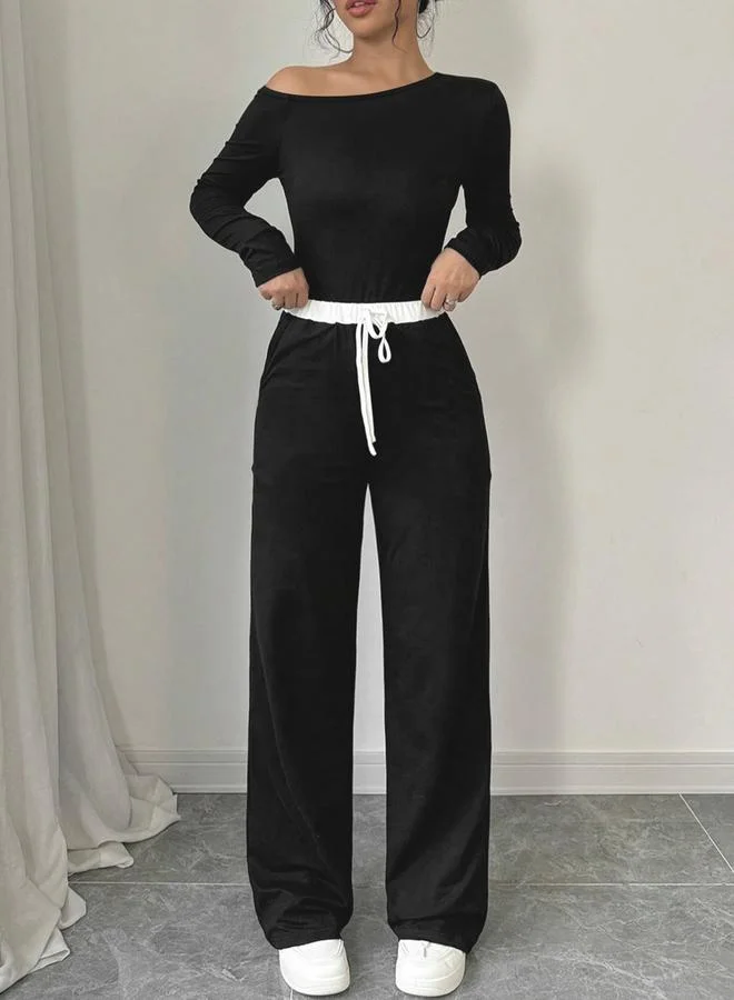 Styli Active  Black Solid Asymmetric Neck Top And Straight Leg Pants Active Set for Women | Best Price UAE
