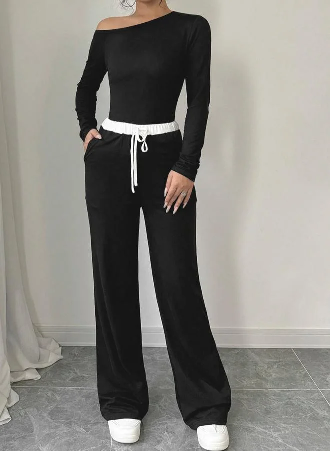 Styli Active  Black Solid Asymmetric Neck Top And Straight Leg Pants Active Set for Women | Best Price UAE