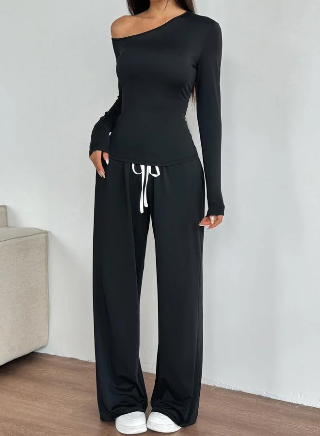 Styli Active  Black Solid Asymmetric Neck Top And Straight Leg Pants Active Set for Women | Best Price UAE