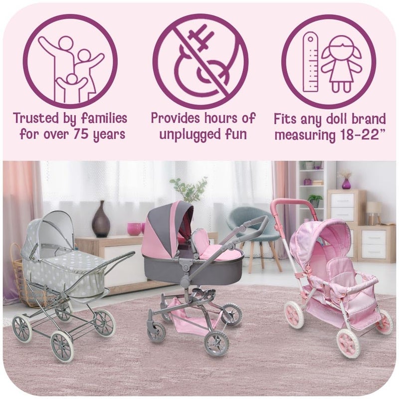 Badger Basket Voyage Twin Carriage Doll Stroller for 18 to 20-Inch Dolls with Rotating Pram Handle and Storage Features â€“ Perfect for Little Mommies on The Go! - Image 3