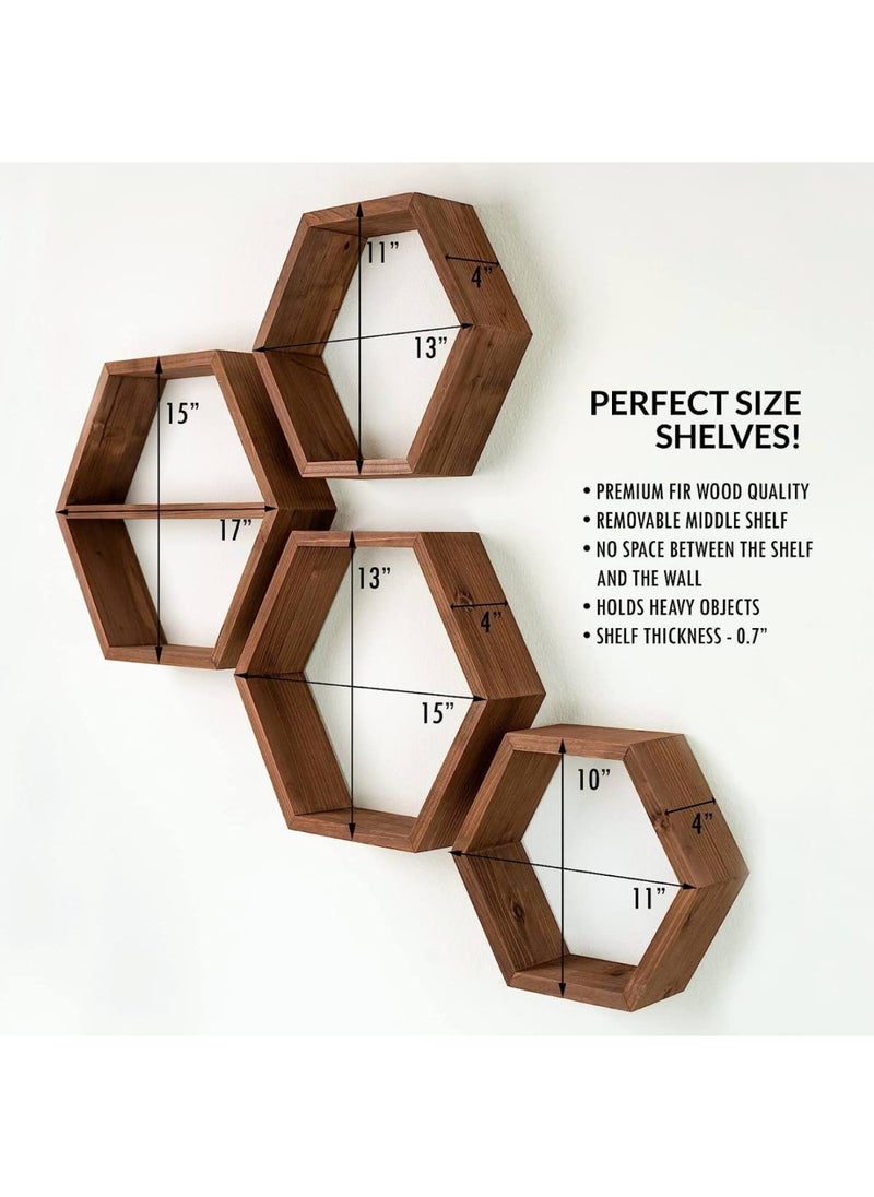 Extra Large Hexagon Floating Shelves Set of 4 - Shelves - Octagon Shelves Brown - Wall Shelves Decor - Wooden Honey Comb Hexagon Shelf For Wall - Geometric Hexagonal Shelves