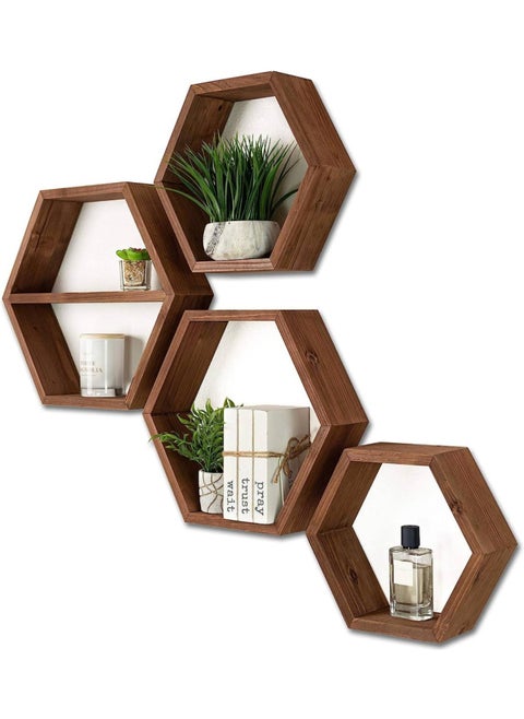 Extra Large Hexagon Floating Shelves Set of 4 - Shelves - Octagon Shelves Brown - Wall Shelves Decor - Wooden Honey Comb Hexagon Shelf For Wall - Geometric Hexagonal Shelves