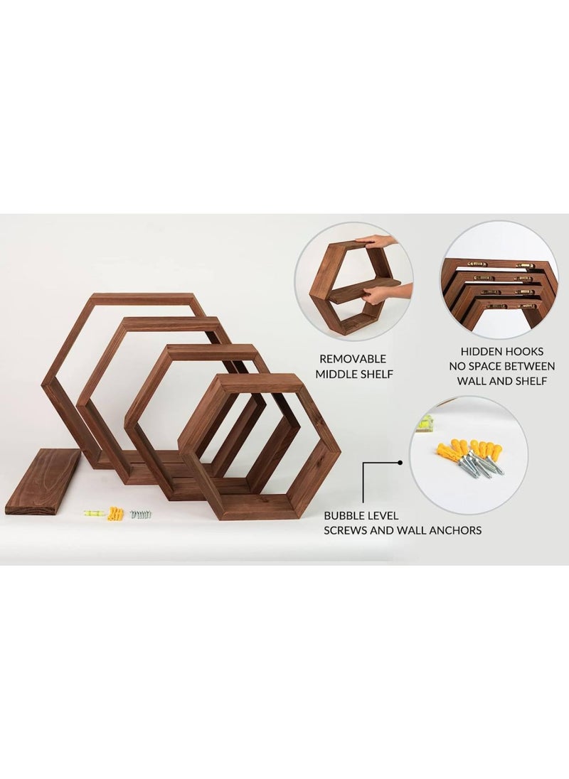 Extra Large Hexagon Floating Shelves Set of 4 - Shelves - Octagon Shelves Brown - Wall Shelves Decor - Wooden Honey Comb Hexagon Shelf For Wall - Geometric Hexagonal Shelves