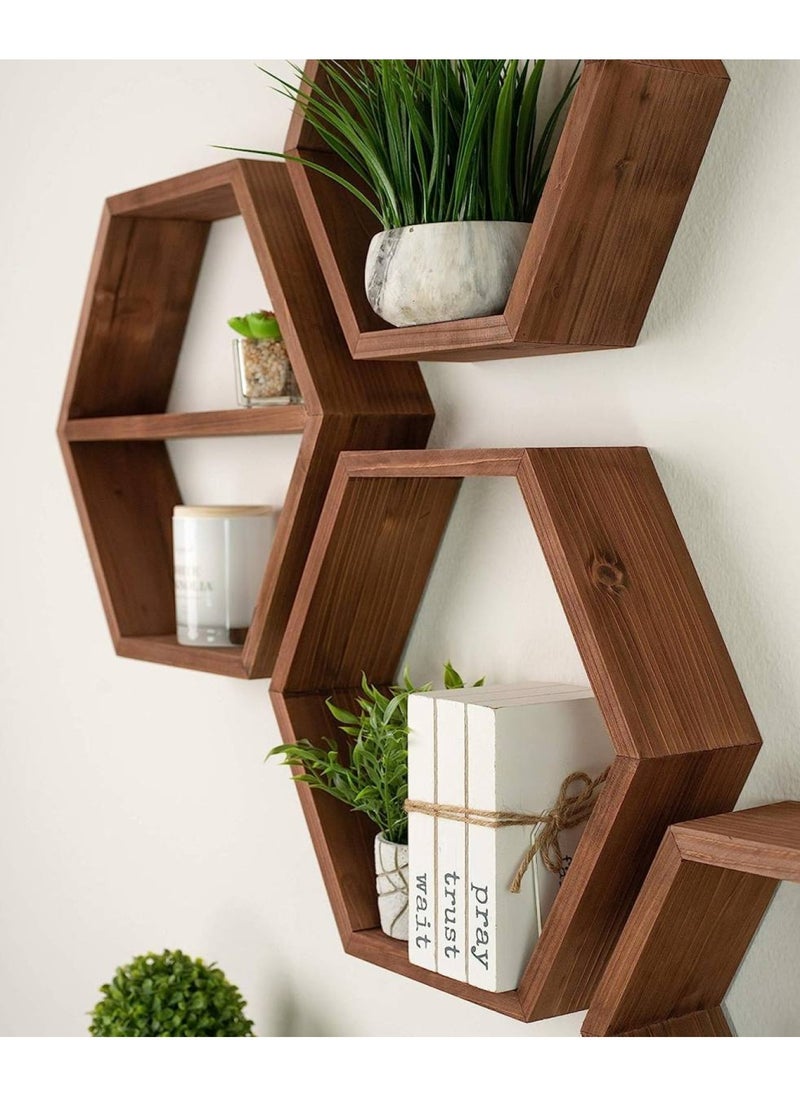 Extra Large Hexagon Floating Shelves Set of 4 - Shelves - Octagon Shelves Brown - Wall Shelves Decor - Wooden Honey Comb Hexagon Shelf For Wall - Geometric Hexagonal Shelves