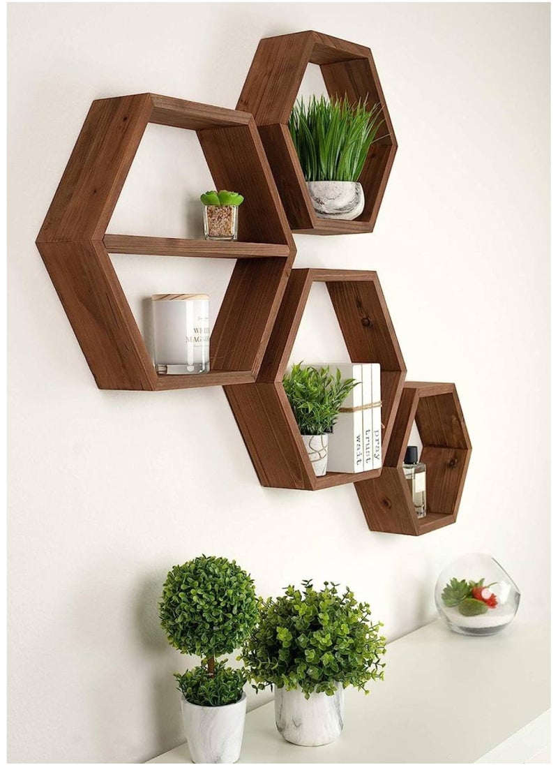 Extra Large Hexagon Floating Shelves Set of 4 - Shelves - Octagon Shelves Brown - Wall Shelves Decor - Wooden Honey Comb Hexagon Shelf For Wall - Geometric Hexagonal Shelves