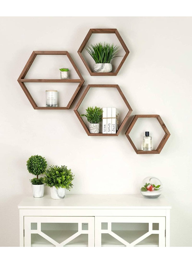 Extra Large Hexagon Floating Shelves Set of 4 - Shelves - Octagon Shelves Brown - Wall Shelves Decor - Wooden Honey Comb Hexagon Shelf For Wall - Geometric Hexagonal Shelves
