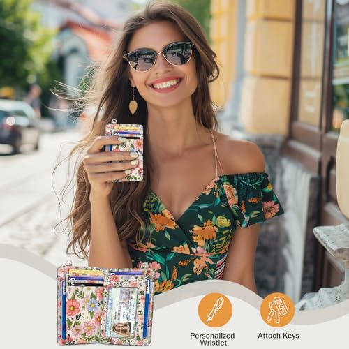 Yonlevres Credit Card Holder Slim Wallet, Floral RFID Wallet Women Front Pocket Small Card Holder, Travel Cute Thin with ID Window PU Leather RFID Blocking Case Organizer Gift Girls Ladies - Image 2