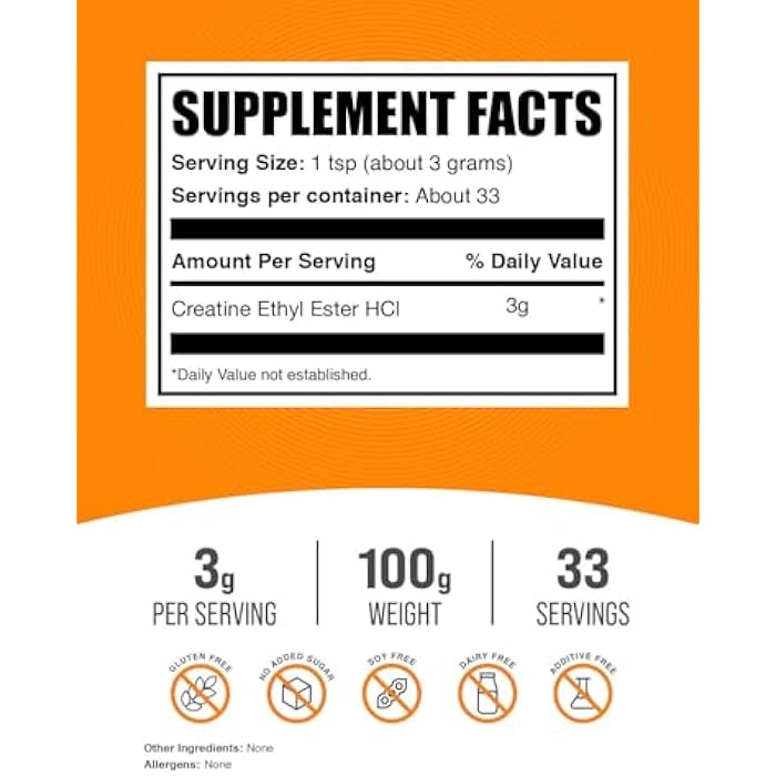 BulkSupplements.com Creatine Ethyl Ester HCl Powder - Creatine Supplement, Creatine Ethyl Ester Powder - Unflavored & Gluten Free, 3g per Serving, 100g (3.5 oz) (Pack of 1) - Image 2