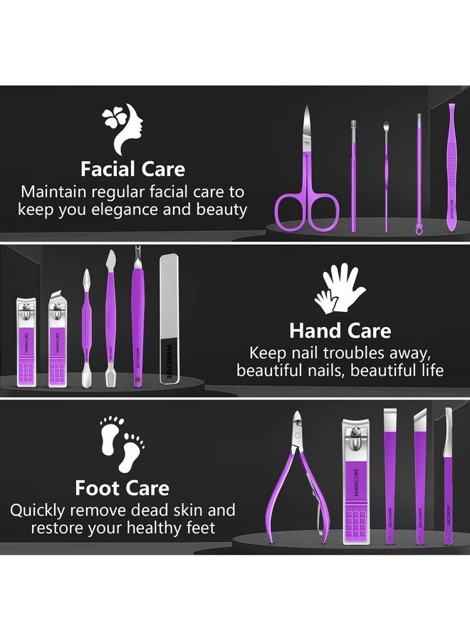 BLESWIN Manicure Set 16Pcs Professional Stainless Steel Pedicure Kit Mens Grooming Kit Fingernail & Toenail Clippers Set Manicure Kit With Luxurious Travel Bag Sharp Nail Scissors And Clipper (Purple) - Image 2