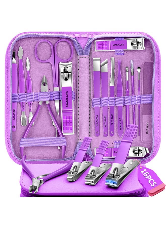 BLESWIN Manicure Set 16Pcs Professional Stainless Steel Pedicure Kit Mens Grooming Kit Fingernail & Toenail Clippers Set Manicure Kit With Luxurious Travel Bag Sharp Nail Scissors And Clipper (Purple) - Image 1